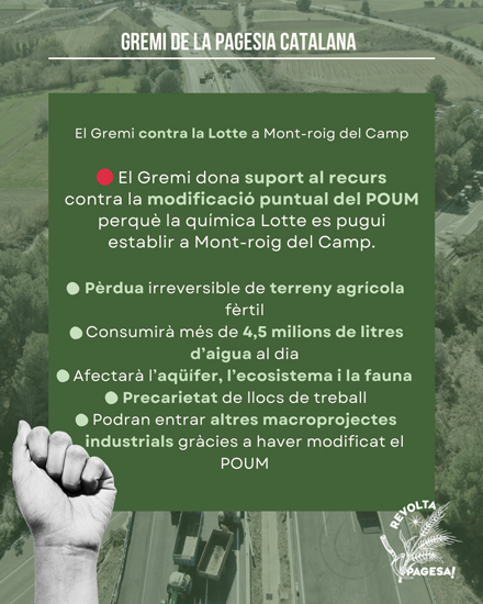 Cartell on s'expliquen les causes per les quals el Gremi de la Pagesia Catalana està en contra de la Lotte